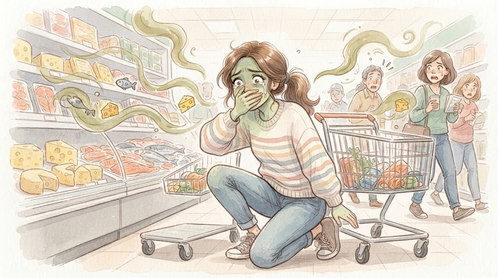 つわり中にスーパーの食品の匂いで気分が悪くなる妊婦のイラスト