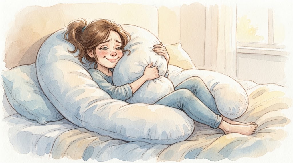 U字型の抱き枕に包まれて眠る妊婦のイラスト