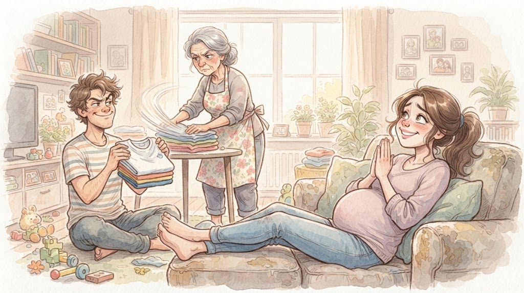 洗濯物をたたむ夫と実母に助けられて休む妊婦のイラスト