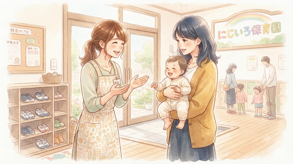 保育園の玄関で、赤ちゃんを抱いたお母さんと笑顔で話す保育士のイラスト