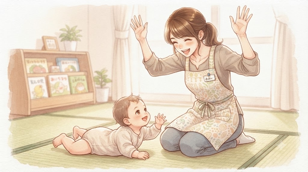 寝返りした赤ちゃんと、両手を挙げて喜ぶ保育士のイラスト