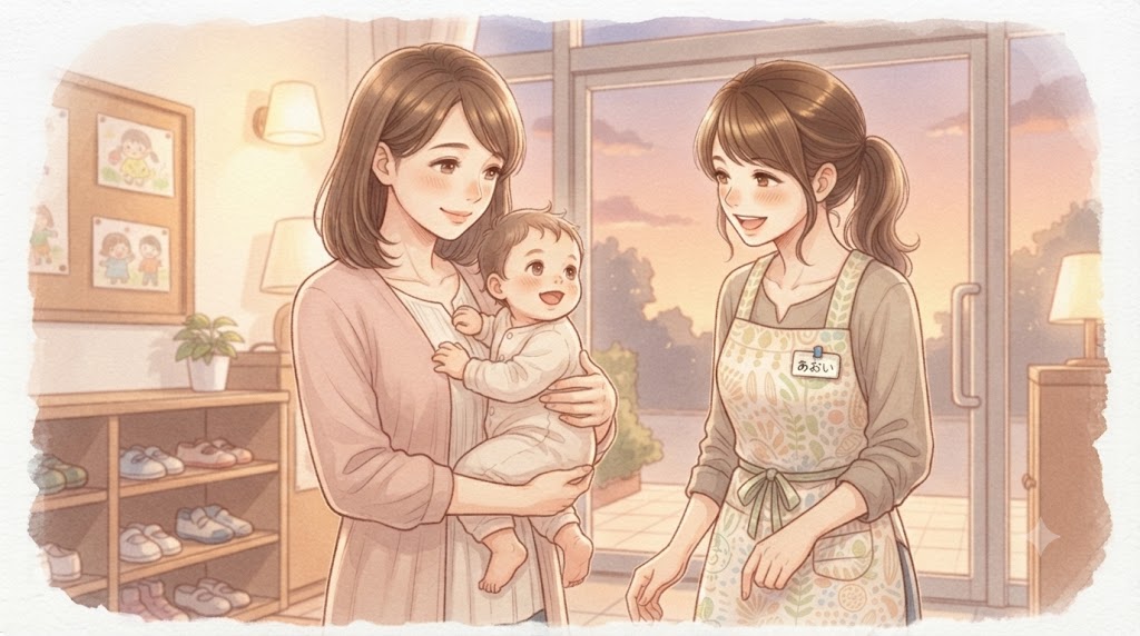 夕方のお迎えで、赤ちゃんを抱いたお母さんと話す保育士のイラスト