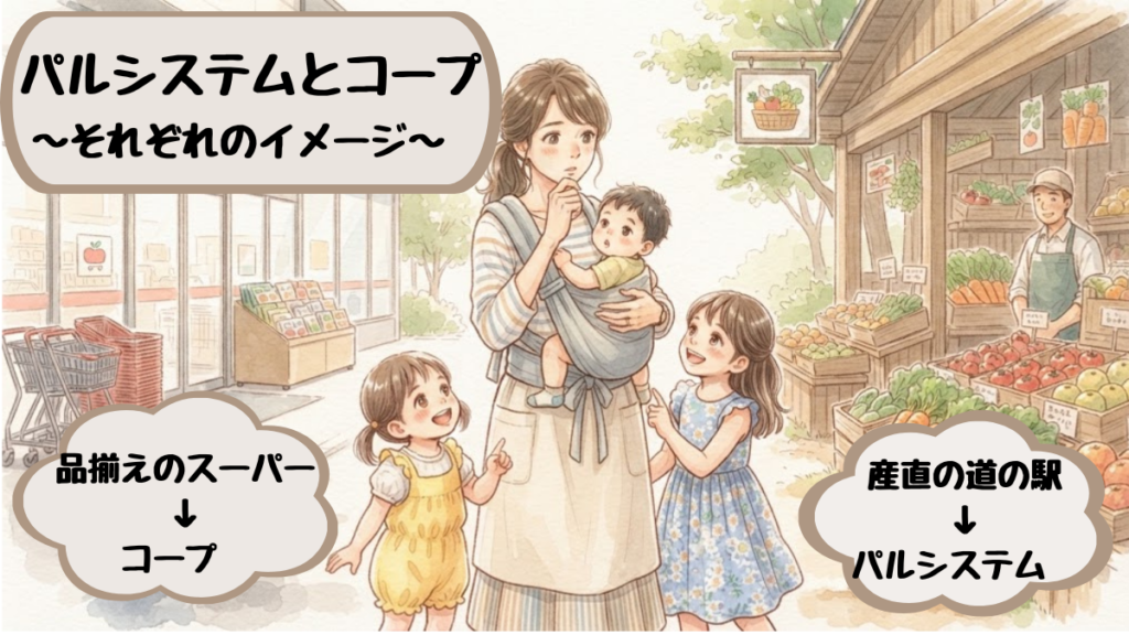 コープデリとパルシステムの違いのイメージ図解。品揃えのスーパー型がコープ、産直の道の駅型がパルシステム