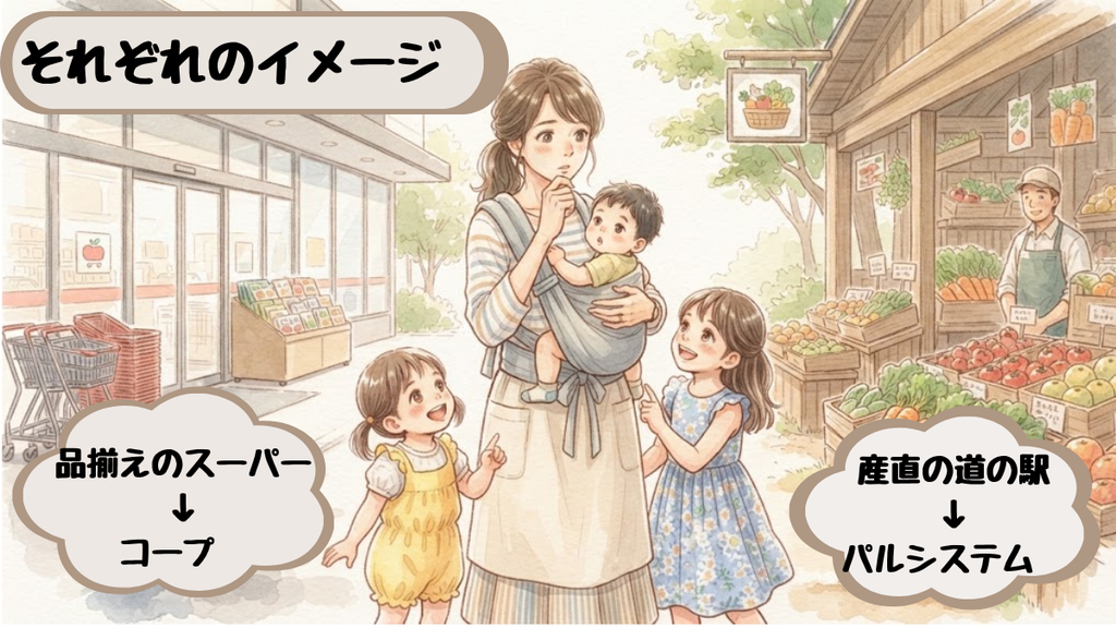 コープデリとパルシステムの違いのイメージ図解。品揃えのスーパー型がコープ、産直の道の駅型がパルシステム