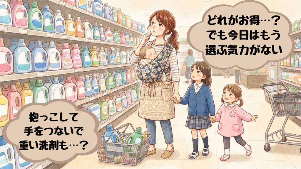 抱っこ紐と子ども2人でスーパーの洗剤売り場に立ち、重さと値段選びに困っているママ