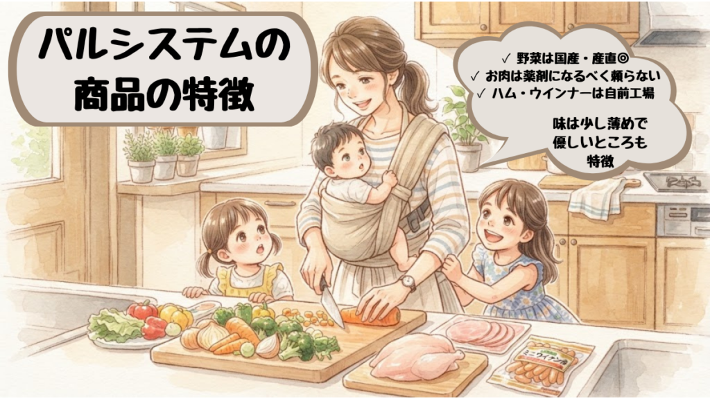 パルシステムの品質・安全性の特徴の図解。国産産直の野菜、薬剤になるべく頼らないお肉、自前工場のハム・ウインナー