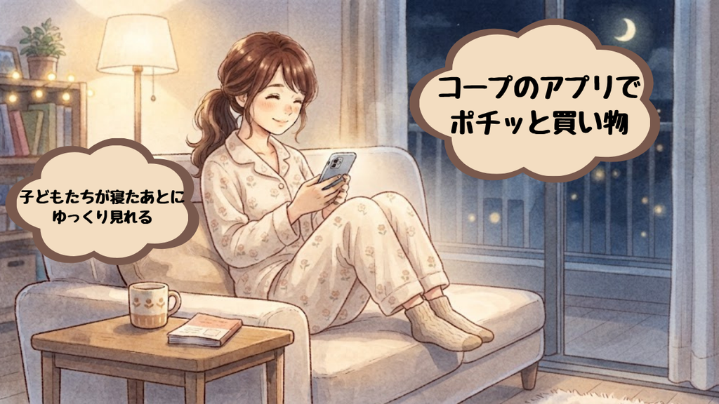 子どもが寝たあとにソファーでコープデリのアプリからポチッと買い物する様子