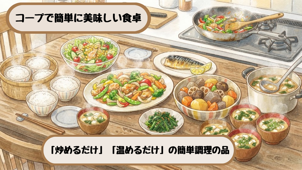 コープデリの「炒めるだけ」「温めるだけ」の簡単調理の品で作った家族5人分の夕飯の食卓