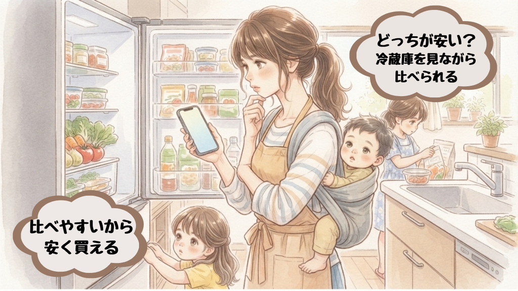 冷蔵庫の中を確認しながらスマホでコープデリの商品の値段を見比べるママ