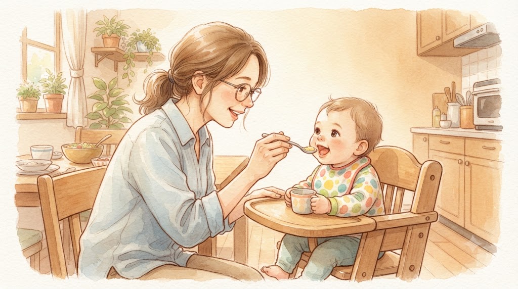 【離乳食はいつから?】離乳食をあげるお母さん
