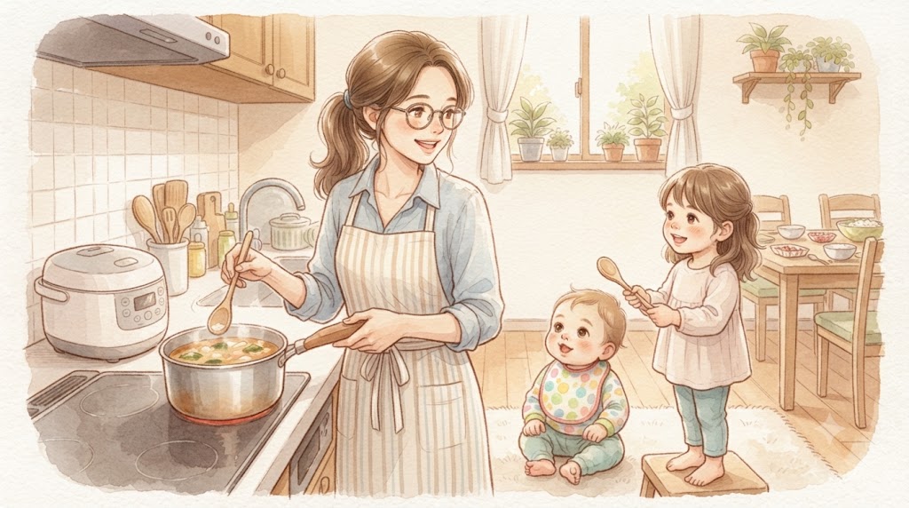 【離乳食はいつから?】離乳食を作るお母さんと見ているこども