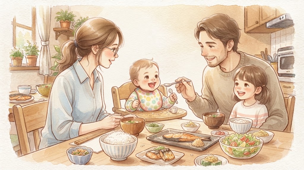 【離乳食はいつから?】家族で食事をするシーン