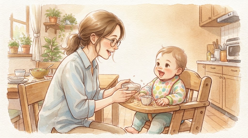 【離乳食はいつから?】離乳食を手づかみで食べる赤ちゃんとお母さん
