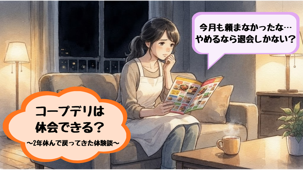 夜のリビングでコープデリのカタログを見ながら、休会するか退会するか迷っているママ