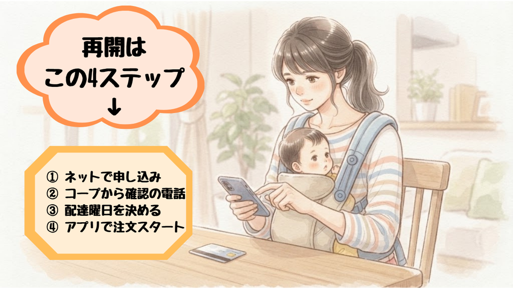 コープデリの利用再開の4ステップ。ネットで申し込み、コープからの確認の電話、配達曜日を決めて、アプリで注文を再開する流れ